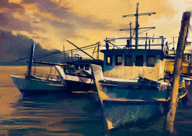 Fishing boats in harbor at evening,old painting style